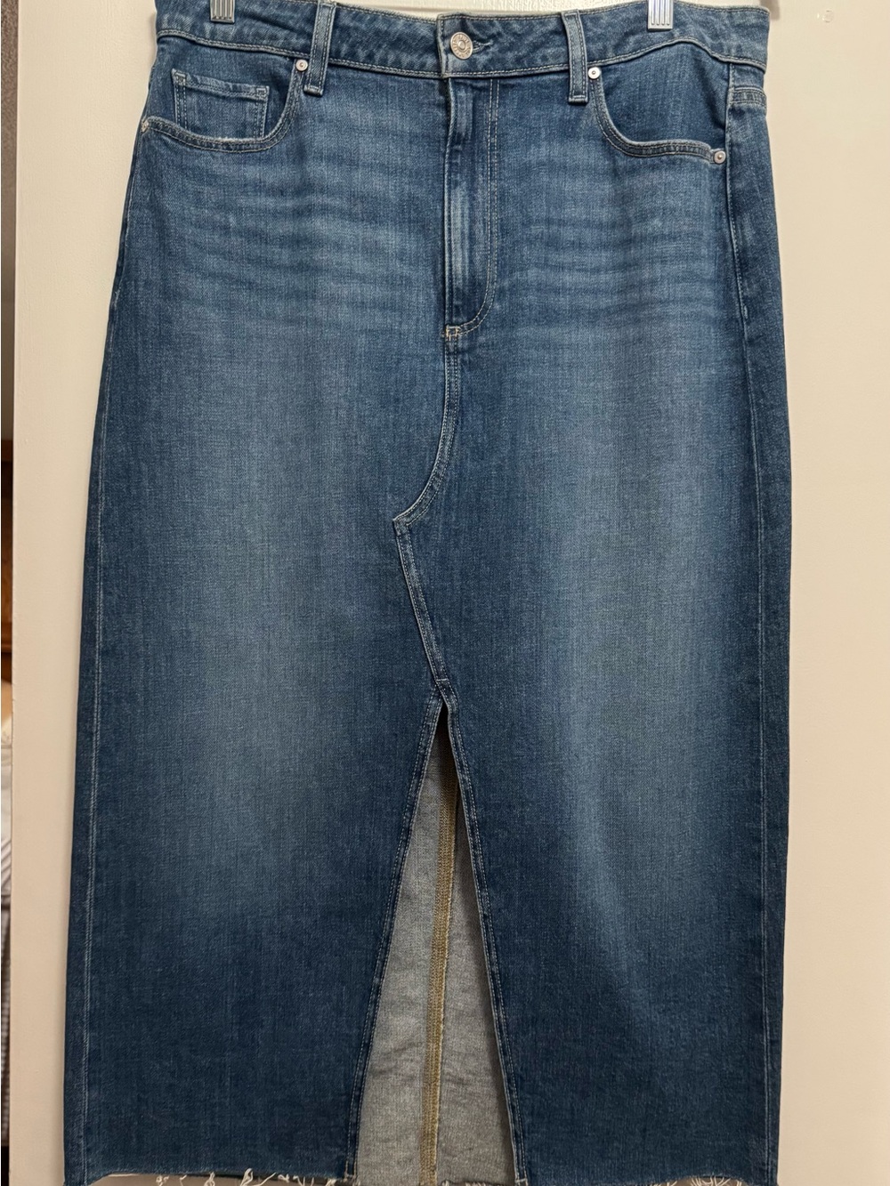 PAIGE Mid-Blue Straight-Leg Denim Skirt with Front Slit